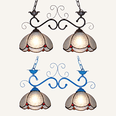 Scalloped Edged Island Light Fixture 2 Heads Stainless Glass Tiffany Style Chandelier Lighting in Black/Blue Clearhalo 'Ceiling Lights' 'Close To Ceiling Lights' 'Glass shade' 'Glass' 'Island Lights' 'Tiffany close to ceiling' 'Tiffany' Lighting' 36184