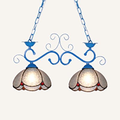 Scalloped Edged Island Light Fixture 2 Heads Stainless Glass Tiffany Style Chandelier Lighting in Black/Blue Blue Clearhalo 'Ceiling Lights' 'Close To Ceiling Lights' 'Glass shade' 'Glass' 'Island Lights' 'Tiffany close to ceiling' 'Tiffany' Lighting' 36186