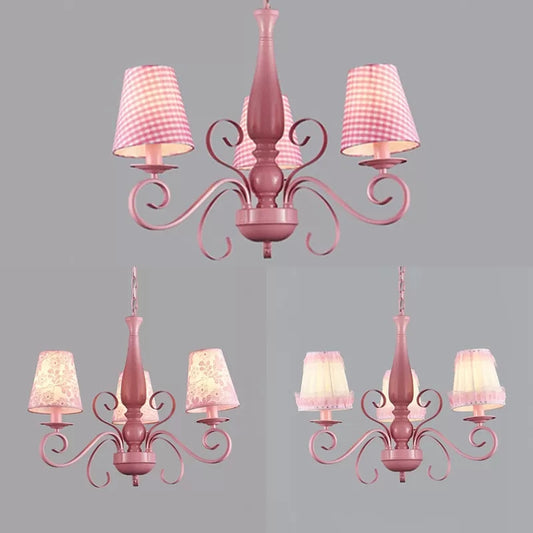 Girl Bedroom Tapered Shade Chandelier Metal 3 Lights Kids Pink Hanging Light Clearhalo 'Ceiling Lights' 'Chandeliers' Lighting' options 36188