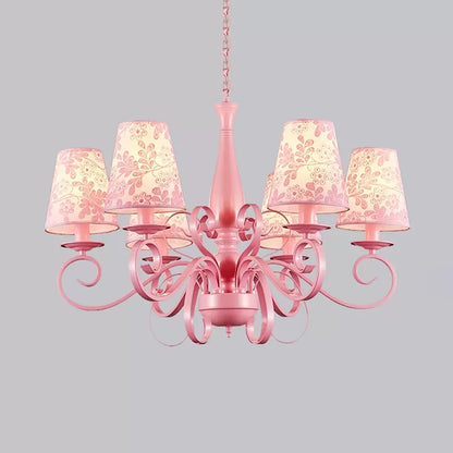 Modern Tapered Shade Chandelier Metal Fabric 6 Lights Pink Pendant Light for Study Room Pink Flower Clearhalo 'Ceiling Lights' 'Chandeliers' Lighting' options 36206_1ec2f3e5-6200-46a6-ae6a-0456f20134bb