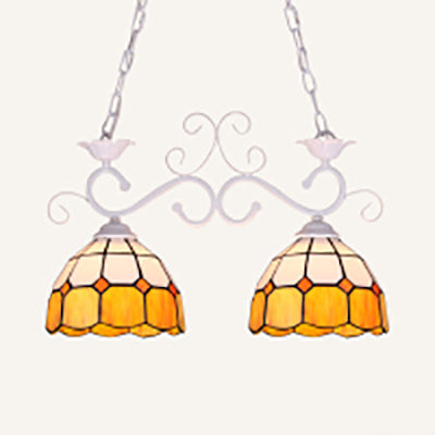 Grid Dome Chandelier Lighting Fixture 2 Heads Stainless Glass Tiffany Stylish Island Lamp in Black/White for Dining Room White Clearhalo 'Ceiling Lights' 'Glass shade' 'Glass' 'Island Lights' 'Tiffany close to ceiling' 'Tiffany' Lighting' 36213