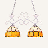 Grid Dome Chandelier Lighting Fixture 2 Heads Stainless Glass Tiffany Stylish Island Lamp in Black/White for Dining Room White Clearhalo 'Ceiling Lights' 'Glass shade' 'Glass' 'Island Lights' 'Tiffany close to ceiling' 'Tiffany' Lighting' 36213