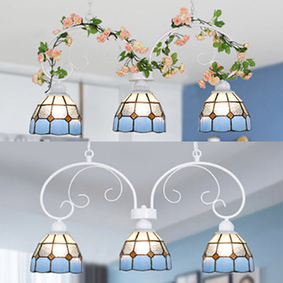 3 Lights Island Light Fixture Tiffany Stylish Dome Shade Stainless Glass Hanging Pendant Light in Pink/White for Dining Room Clearhalo 'Ceiling Lights' 'Glass shade' 'Glass' 'Island Lights' 'Tiffany close to ceiling' 'Tiffany' Lighting' 36227