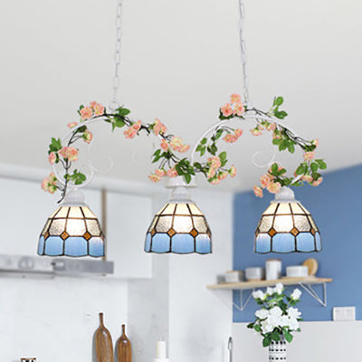 3 Lights Island Light Fixture Tiffany Stylish Dome Shade Stainless Glass Hanging Pendant Light in Pink/White for Dining Room Pink Clearhalo 'Ceiling Lights' 'Glass shade' 'Glass' 'Island Lights' 'Tiffany close to ceiling' 'Tiffany' Lighting' 36228