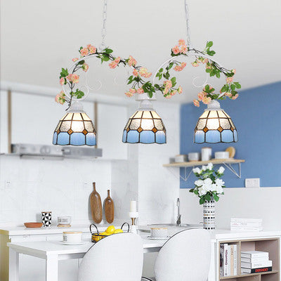 3 Lights Island Light Fixture Tiffany Stylish Dome Shade Stainless Glass Hanging Pendant Light in Pink/White for Dining Room Clearhalo 'Ceiling Lights' 'Glass shade' 'Glass' 'Island Lights' 'Tiffany close to ceiling' 'Tiffany' Lighting' 36229
