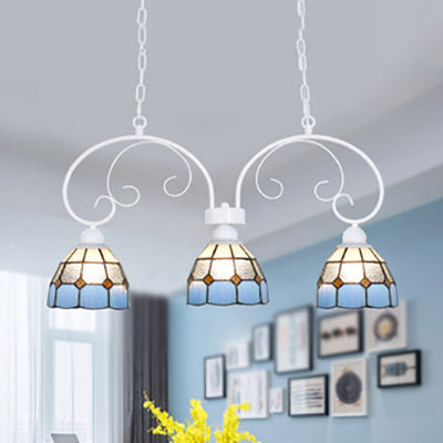 3 Lights Island Light Fixture Tiffany Stylish Dome Shade Stainless Glass Hanging Pendant Light in Pink/White for Dining Room White Clearhalo 'Ceiling Lights' 'Glass shade' 'Glass' 'Island Lights' 'Tiffany close to ceiling' 'Tiffany' Lighting' 36230