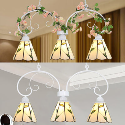Pink/White 3 Heads Island Lamp Tiffany Style Stainless Glass Cone Shade Pendant Light Kit with Leaf Pattern Clearhalo 'Ceiling Lights' 'Chandeliers' 'Close To Ceiling Lights' 'Glass shade' 'Glass' 'Island Lights' 'Pendant Lights' 'Tiffany close to ceiling' 'Tiffany' Lighting' 36233