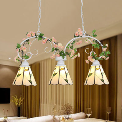 Pink/White 3 Heads Island Lamp Tiffany Style Stainless Glass Cone Shade Pendant Light Kit with Leaf Pattern Pink Clearhalo 'Ceiling Lights' 'Chandeliers' 'Close To Ceiling Lights' 'Glass shade' 'Glass' 'Island Lights' 'Pendant Lights' 'Tiffany close to ceiling' 'Tiffany' Lighting' 36234