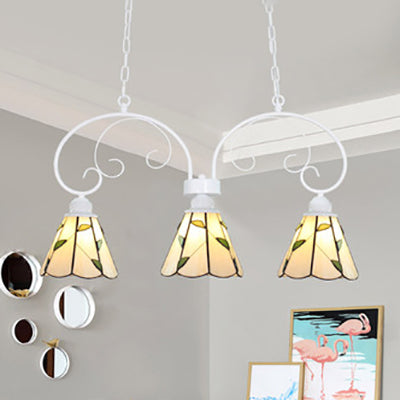 Pink/White 3 Heads Island Lamp Tiffany Style Stainless Glass Cone Shade Pendant Light Kit with Leaf Pattern White Clearhalo 'Ceiling Lights' 'Chandeliers' 'Close To Ceiling Lights' 'Glass shade' 'Glass' 'Island Lights' 'Pendant Lights' 'Tiffany close to ceiling' 'Tiffany' Lighting' 36236