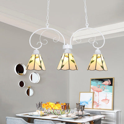 Pink/White 3 Heads Island Lamp Tiffany Style Stainless Glass Cone Shade Pendant Light Kit with Leaf Pattern Clearhalo 'Ceiling Lights' 'Chandeliers' 'Close To Ceiling Lights' 'Glass shade' 'Glass' 'Island Lights' 'Pendant Lights' 'Tiffany close to ceiling' 'Tiffany' Lighting' 36237