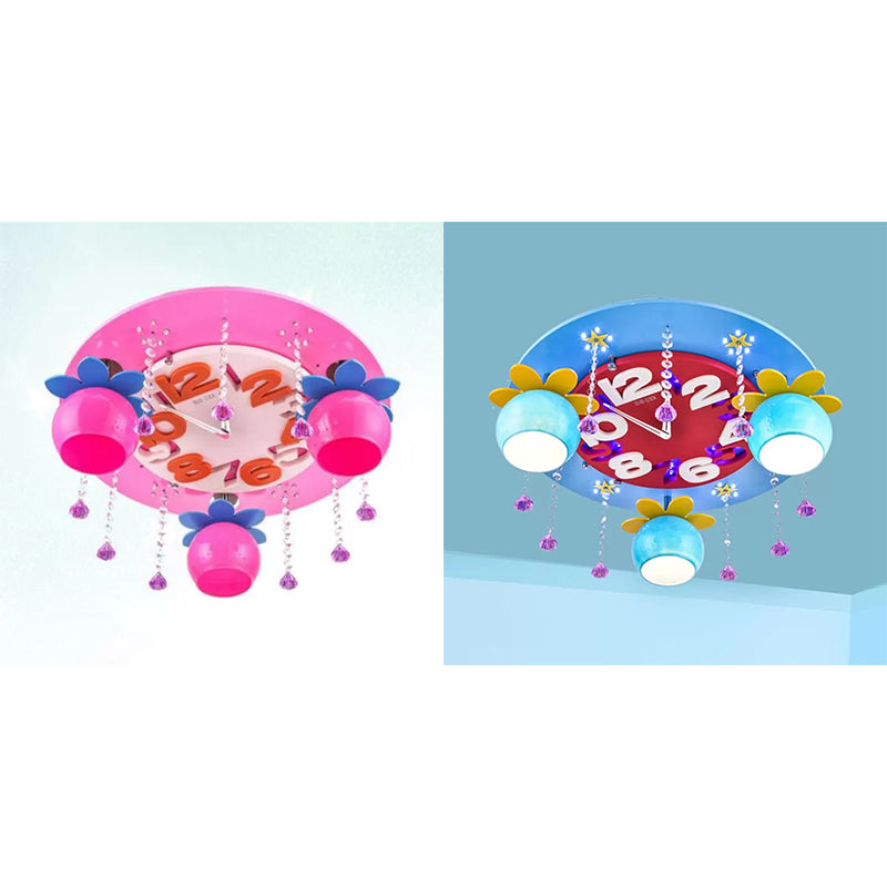 Kid Bedroom Clock Ceiling Mount Light with Crystal Wood 3 Heads Creative Ceiling Lamp Clearhalo 'Ceiling Lights' 'Close To Ceiling Lights' 'Close to ceiling' 'Flush mount' Lighting' 36391