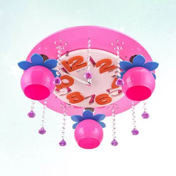 Kid Bedroom Clock Ceiling Mount Light with Crystal Wood 3 Heads Creative Ceiling Lamp Pink Clearhalo 'Ceiling Lights' 'Close To Ceiling Lights' 'Close to ceiling' 'Flush mount' Lighting' 36392