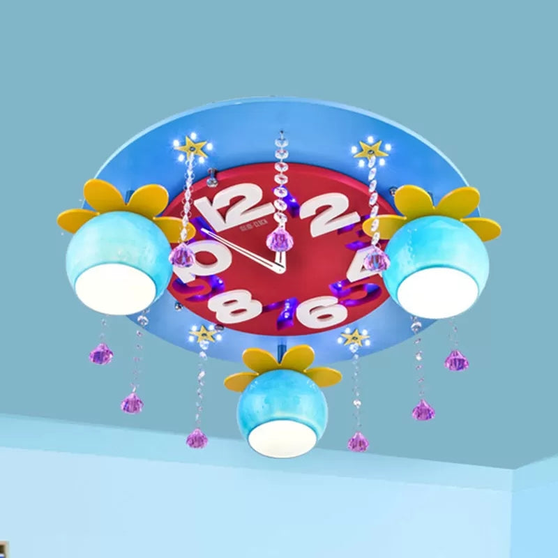 Kid Bedroom Clock Ceiling Mount Light with Crystal Wood 3 Heads Creative Ceiling Lamp Clearhalo 'Ceiling Lights' 'Close To Ceiling Lights' 'Close to ceiling' 'Flush mount' Lighting' 36394
