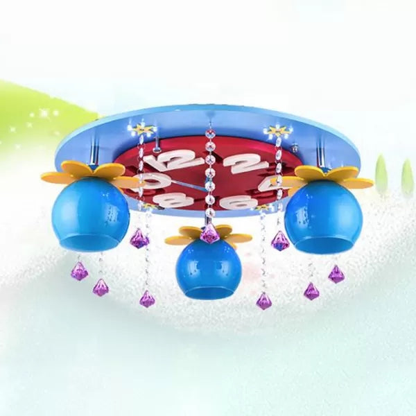 Kid Bedroom Clock Ceiling Mount Light with Crystal Wood 3 Heads Creative Ceiling Lamp Blue Clearhalo 'Ceiling Lights' 'Close To Ceiling Lights' 'Close to ceiling' 'Flush mount' Lighting' 36395