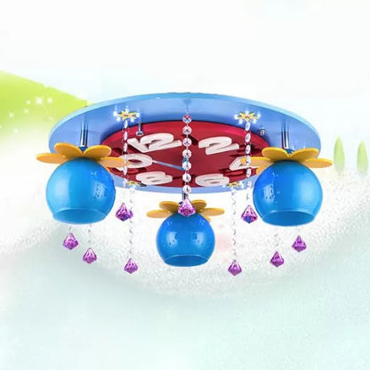 Kid Bedroom Clock Ceiling Mount Light with Crystal Wood 3 Heads Creative Ceiling Lamp Blue Clearhalo 'Ceiling Lights' 'Close To Ceiling Lights' 'Close to ceiling' 'Flush mount' Lighting' 36395