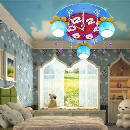 Kid Bedroom Clock Ceiling Mount Light with Crystal Wood 3 Heads Creative Ceiling Lamp Clearhalo 'Ceiling Lights' 'Close To Ceiling Lights' 'Close to ceiling' 'Flush mount' Lighting' 36396