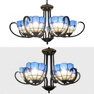 6/8 Lights Bowl Pendant Lighting Stained Glass Baroque Chandelier Light in Blue with Metal Chain Clearhalo 'Ceiling Lights' 'Chandeliers' 'Industrial' 'Middle Century Chandeliers' 'Tiffany Chandeliers' 'Tiffany close to ceiling' 'Tiffany' Lighting' 36427