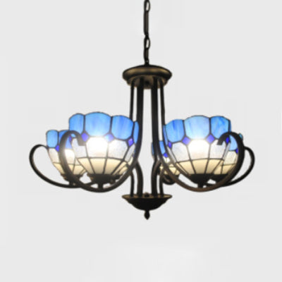 6/8 Lights Bowl Pendant Lighting Stained Glass Baroque Chandelier Light in Blue with Metal Chain Clearhalo 'Ceiling Lights' 'Chandeliers' 'Industrial' 'Middle Century Chandeliers' 'Tiffany Chandeliers' 'Tiffany close to ceiling' 'Tiffany' Lighting' 36428