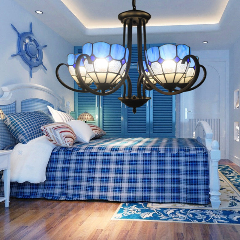6/8 Lights Bowl Pendant Lighting Stained Glass Baroque Chandelier Light in Blue with Metal Chain Clearhalo 'Ceiling Lights' 'Chandeliers' 'Industrial' 'Middle Century Chandeliers' 'Tiffany Chandeliers' 'Tiffany close to ceiling' 'Tiffany' Lighting' 36430