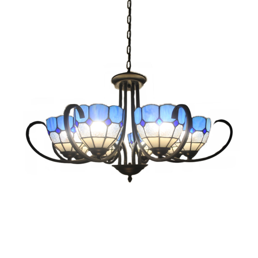 6/8 Lights Bowl Pendant Lighting Stained Glass Baroque Chandelier Light in Blue with Metal Chain Clearhalo 'Ceiling Lights' 'Chandeliers' 'Industrial' 'Middle Century Chandeliers' 'Tiffany Chandeliers' 'Tiffany close to ceiling' 'Tiffany' Lighting' 36431