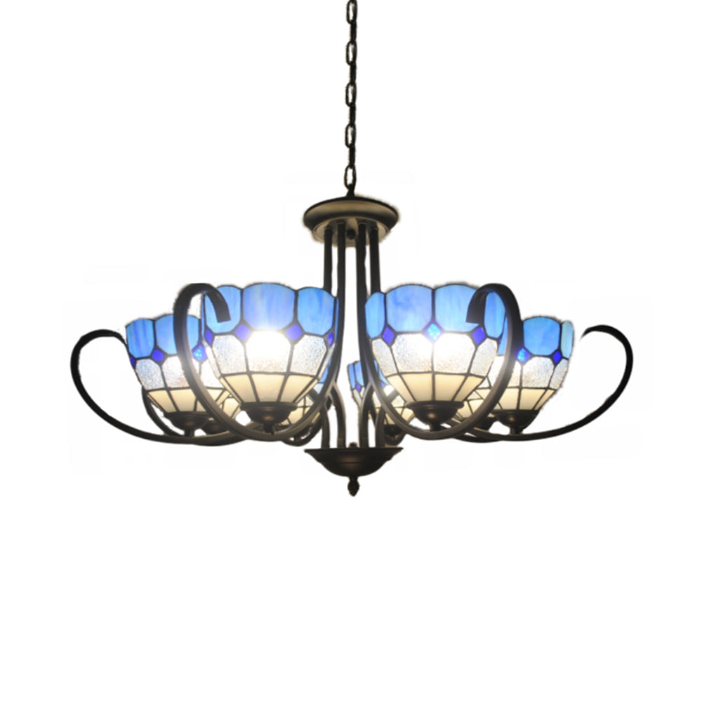 6/8 Lights Bowl Pendant Lighting Stained Glass Baroque Chandelier Light in Blue with Metal Chain Clearhalo 'Ceiling Lights' 'Chandeliers' 'Industrial' 'Middle Century Chandeliers' 'Tiffany Chandeliers' 'Tiffany close to ceiling' 'Tiffany' Lighting' 36431