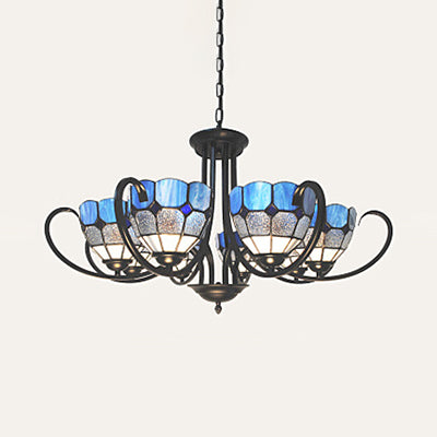 6/8 Lights Bowl Pendant Lighting Stained Glass Baroque Chandelier Light in Blue with Metal Chain Clearhalo 'Ceiling Lights' 'Chandeliers' 'Industrial' 'Middle Century Chandeliers' 'Tiffany Chandeliers' 'Tiffany close to ceiling' 'Tiffany' Lighting' 36432