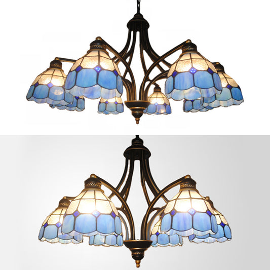 Blue Glass Semi Globe Chandelier with Metal Chain 6/8 Lights Tiffany Pendant Lighting for Bedroom Clearhalo 'Ceiling Lights' 'Chandeliers' 'Industrial' 'Middle Century Chandeliers' 'Tiffany Chandeliers' 'Tiffany close to ceiling' 'Tiffany' Lighting' 36451