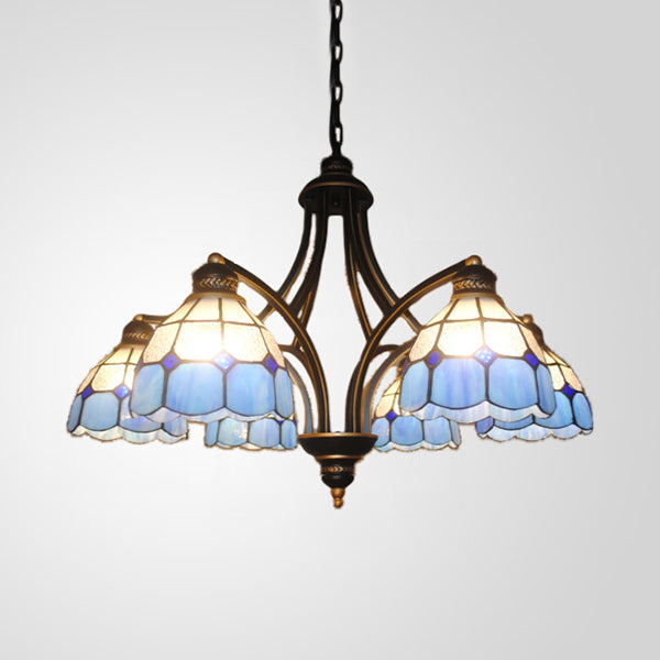 Blue Glass Semi Globe Chandelier with Metal Chain 6/8 Lights Tiffany Pendant Lighting for Bedroom Clearhalo 'Ceiling Lights' 'Chandeliers' 'Industrial' 'Middle Century Chandeliers' 'Tiffany Chandeliers' 'Tiffany close to ceiling' 'Tiffany' Lighting' 36452
