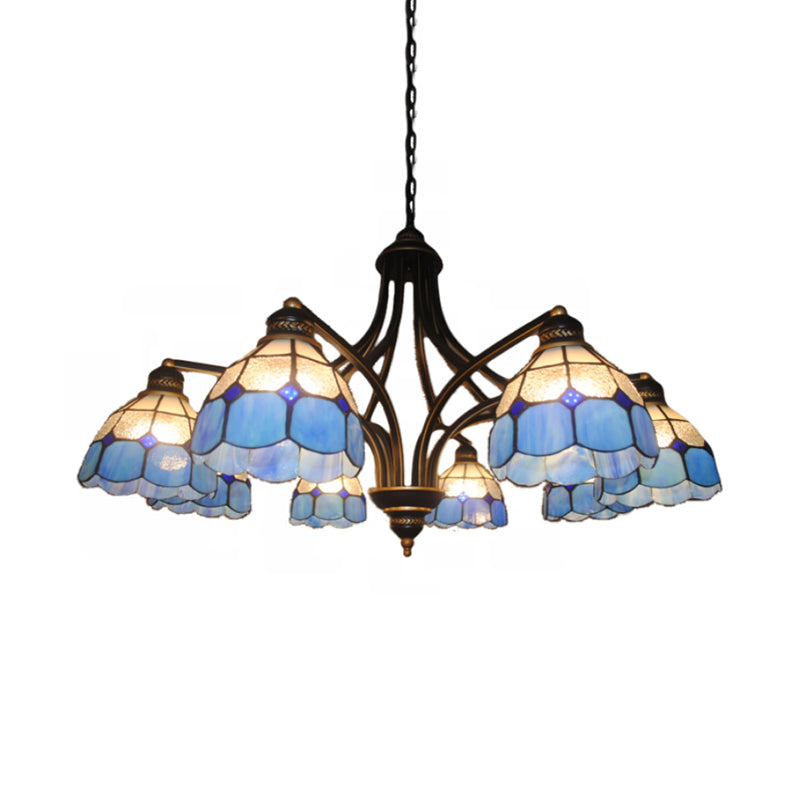 Blue Glass Semi Globe Chandelier with Metal Chain 6/8 Lights Tiffany Pendant Lighting for Bedroom Clearhalo 'Ceiling Lights' 'Chandeliers' 'Industrial' 'Middle Century Chandeliers' 'Tiffany Chandeliers' 'Tiffany close to ceiling' 'Tiffany' Lighting' 36455
