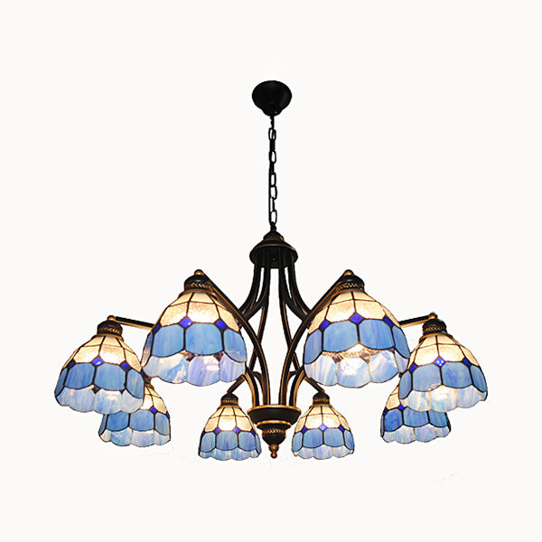 Blue Glass Semi Globe Chandelier with Metal Chain 6/8 Lights Tiffany Pendant Lighting for Bedroom Clearhalo 'Ceiling Lights' 'Chandeliers' 'Industrial' 'Middle Century Chandeliers' 'Tiffany Chandeliers' 'Tiffany close to ceiling' 'Tiffany' Lighting' 36456