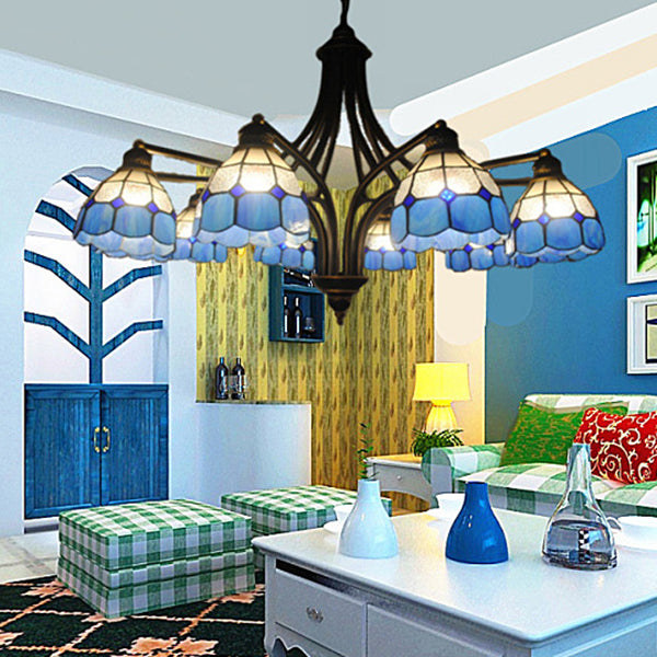 Blue Glass Semi Globe Chandelier with Metal Chain 6/8 Lights Tiffany Pendant Lighting for Bedroom 8 Blue Clearhalo 'Ceiling Lights' 'Chandeliers' 'Industrial' 'Middle Century Chandeliers' 'Tiffany Chandeliers' 'Tiffany close to ceiling' 'Tiffany' Lighting' 36457