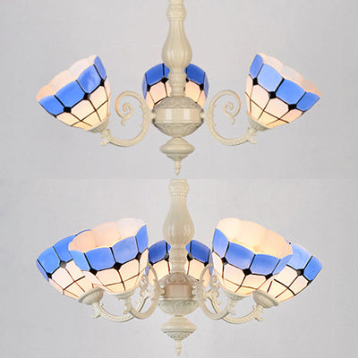 Stained Glass Chandelier with Bowl Shade 3/5 Bulbs Baroque Dining Room Pendant Light with Metal Chain Clearhalo 'Ceiling Lights' 'Close To Ceiling Lights' 'Close to ceiling' 'Glass shade' 'Glass' 'Semi-flushmount' 'Tiffany close to ceiling' 'Tiffany' Lighting' 36651