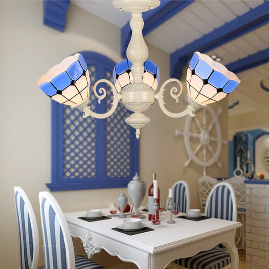 Stained Glass Chandelier with Bowl Shade 3/5 Bulbs Baroque Dining Room Pendant Light with Metal Chain 3 Blue Clearhalo 'Ceiling Lights' 'Close To Ceiling Lights' 'Close to ceiling' 'Glass shade' 'Glass' 'Semi-flushmount' 'Tiffany close to ceiling' 'Tiffany' Lighting' 36653