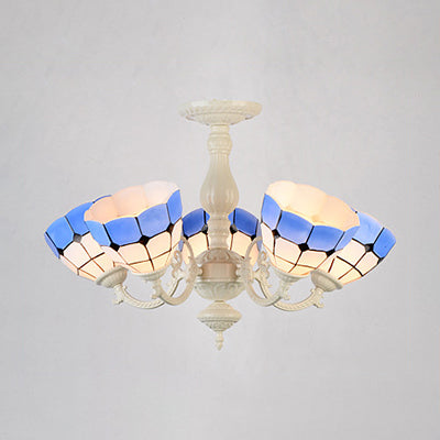 Stained Glass Chandelier with Bowl Shade 3/5 Bulbs Baroque Dining Room Pendant Light with Metal Chain Clearhalo 'Ceiling Lights' 'Close To Ceiling Lights' 'Close to ceiling' 'Glass shade' 'Glass' 'Semi-flushmount' 'Tiffany close to ceiling' 'Tiffany' Lighting' 36654