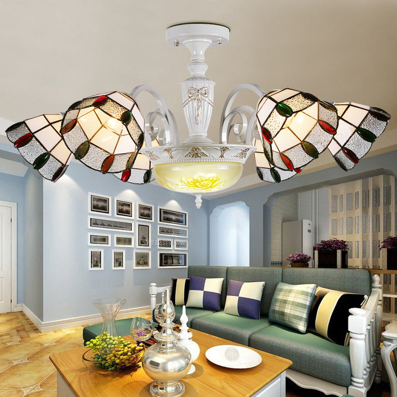 Beaded Indoor Chandelier White Glass Shade 3/5/8/6 Lights Vintage Pendant Lighting for Living Room 6 White Clearhalo 'Ceiling Lights' 'Close To Ceiling Lights' 'Close to ceiling' 'Glass shade' 'Glass' 'Semi-flushmount' 'Tiffany close to ceiling' 'Tiffany' Lighting' 36671