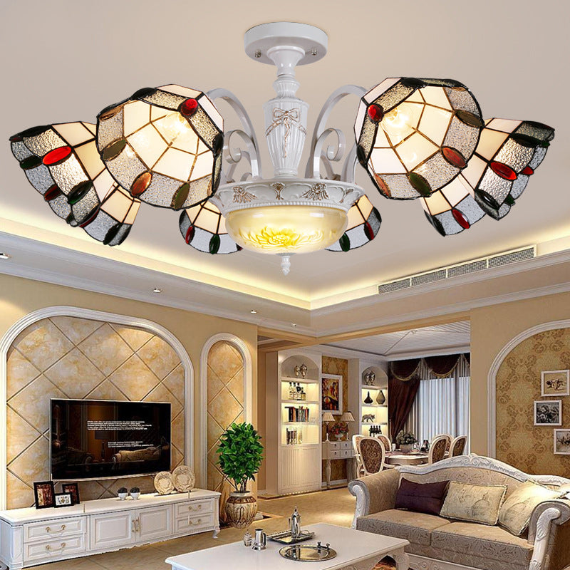 Beaded Indoor Chandelier White Glass Shade 3/5/8/6 Lights Vintage Pendant Lighting for Living Room 8 White Clearhalo 'Ceiling Lights' 'Close To Ceiling Lights' 'Close to ceiling' 'Glass shade' 'Glass' 'Semi-flushmount' 'Tiffany close to ceiling' 'Tiffany' Lighting' 36674