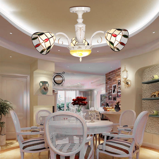 Beaded Indoor Chandelier White Glass Shade 3/5/8/6 Lights Vintage Pendant Lighting for Living Room 3 White Clearhalo 'Ceiling Lights' 'Close To Ceiling Lights' 'Close to ceiling' 'Glass shade' 'Glass' 'Semi-flushmount' 'Tiffany close to ceiling' 'Tiffany' Lighting' 36677