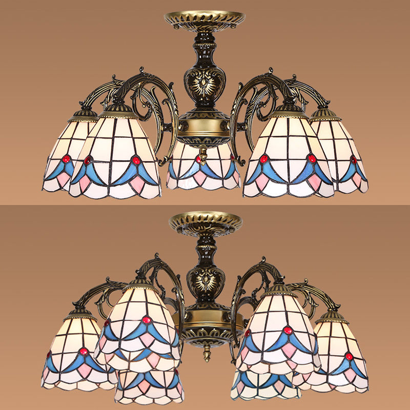 Stained Glass Magnolia Ceiling Light with Magnolia Lodge Style 3/5/6 Lights Chandelier in White Clearhalo 'Ceiling Lights' 'Chandeliers' 'Close To Ceiling Lights' 'Close to ceiling' 'Glass shade' 'Glass' 'Semi-flushmount' 'Tiffany close to ceiling' 'Tiffany' Lighting' 36700