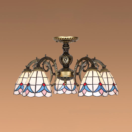Stained Glass Magnolia Ceiling Light with Magnolia Lodge Style 3/5/6 Lights Chandelier in White Clearhalo 'Ceiling Lights' 'Chandeliers' 'Close To Ceiling Lights' 'Close to ceiling' 'Glass shade' 'Glass' 'Semi-flushmount' 'Tiffany close to ceiling' 'Tiffany' Lighting' 36701