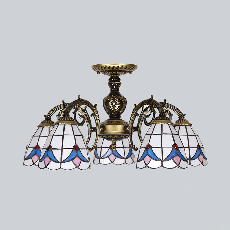 Stained Glass Magnolia Ceiling Light with Magnolia Lodge Style 3/5/6 Lights Chandelier in White Clearhalo 'Ceiling Lights' 'Chandeliers' 'Close To Ceiling Lights' 'Close to ceiling' 'Glass shade' 'Glass' 'Semi-flushmount' 'Tiffany close to ceiling' 'Tiffany' Lighting' 36702