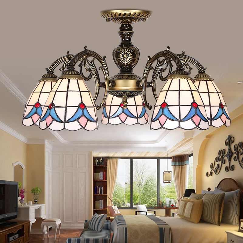 Stained Glass Magnolia Ceiling Light with Magnolia Lodge Style 3/5/6 Lights Chandelier in White 5 White Clearhalo 'Ceiling Lights' 'Chandeliers' 'Close To Ceiling Lights' 'Close to ceiling' 'Glass shade' 'Glass' 'Semi-flushmount' 'Tiffany close to ceiling' 'Tiffany' Lighting' 36703