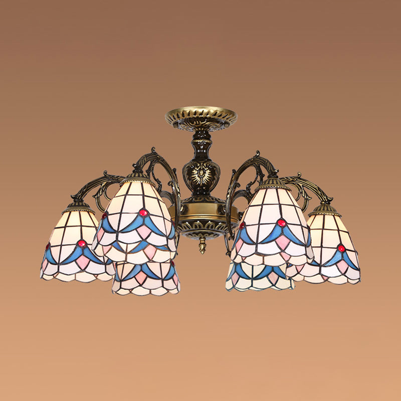 Stained Glass Magnolia Ceiling Light with Magnolia Lodge Style 3/5/6 Lights Chandelier in White Clearhalo 'Ceiling Lights' 'Chandeliers' 'Close To Ceiling Lights' 'Close to ceiling' 'Glass shade' 'Glass' 'Semi-flushmount' 'Tiffany close to ceiling' 'Tiffany' Lighting' 36704