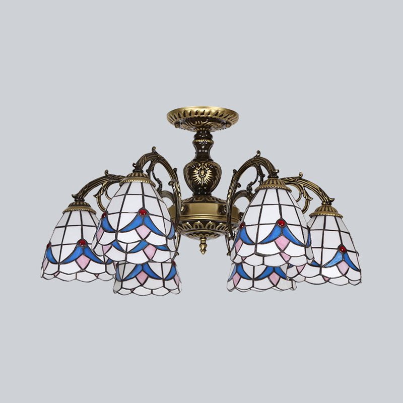 Stained Glass Magnolia Ceiling Light with Magnolia Lodge Style 3/5/6 Lights Chandelier in White Clearhalo 'Ceiling Lights' 'Chandeliers' 'Close To Ceiling Lights' 'Close to ceiling' 'Glass shade' 'Glass' 'Semi-flushmount' 'Tiffany close to ceiling' 'Tiffany' Lighting' 36705