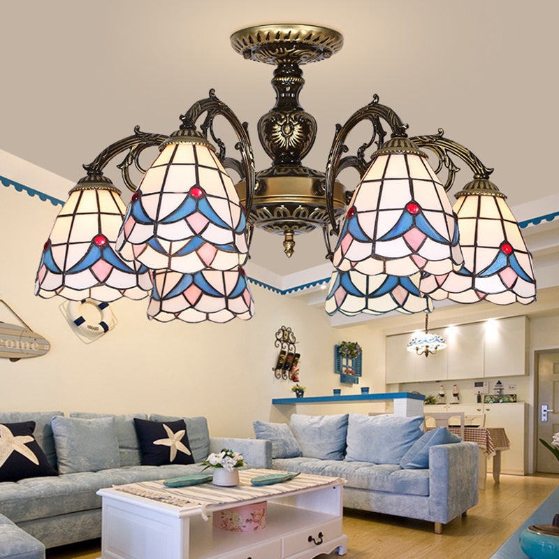 Stained Glass Magnolia Ceiling Light with Magnolia Lodge Style 3/5/6 Lights Chandelier in White 6 White Clearhalo 'Ceiling Lights' 'Chandeliers' 'Close To Ceiling Lights' 'Close to ceiling' 'Glass shade' 'Glass' 'Semi-flushmount' 'Tiffany close to ceiling' 'Tiffany' Lighting' 36706