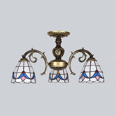 Stained Glass Magnolia Ceiling Light with Magnolia Lodge Style 3/5/6 Lights Chandelier in White Clearhalo 'Ceiling Lights' 'Chandeliers' 'Close To Ceiling Lights' 'Close to ceiling' 'Glass shade' 'Glass' 'Semi-flushmount' 'Tiffany close to ceiling' 'Tiffany' Lighting' 36708