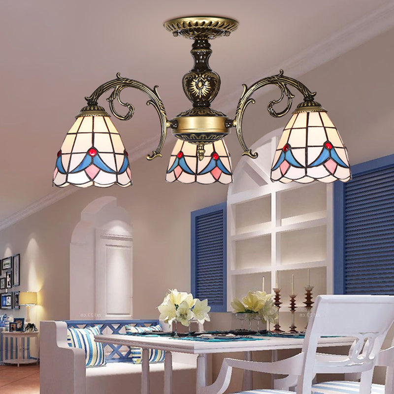 Stained Glass Magnolia Ceiling Light with Magnolia Lodge Style 3/5/6 Lights Chandelier in White 3 White Clearhalo 'Ceiling Lights' 'Chandeliers' 'Close To Ceiling Lights' 'Close to ceiling' 'Glass shade' 'Glass' 'Semi-flushmount' 'Tiffany close to ceiling' 'Tiffany' Lighting' 36710
