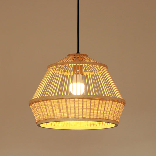 1 Bulb Teahouse Pendant Light Asia Beige Suspended Lighting Fixture with Basket Bamboo Shade Clearhalo 'Ceiling Lights' 'Pendant Lights' 'Pendants' Lighting' 367315
