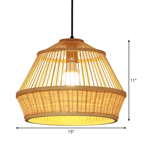 1 Bulb Teahouse Pendant Light Asia Beige Suspended Lighting Fixture with Basket Bamboo Shade Clearhalo 'Ceiling Lights' 'Pendant Lights' 'Pendants' Lighting' 367316