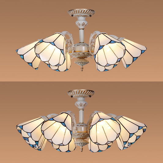 3/6/8 Lights Conical Chandelier Lamp White Glass Traditional Ceiling Light Fixture for Kitchen Clearhalo 'Ceiling Lights' 'Close To Ceiling Lights' 'Close to ceiling' 'Glass shade' 'Glass' 'Semi-flushmount' 'Tiffany close to ceiling' 'Tiffany' Lighting' 36736