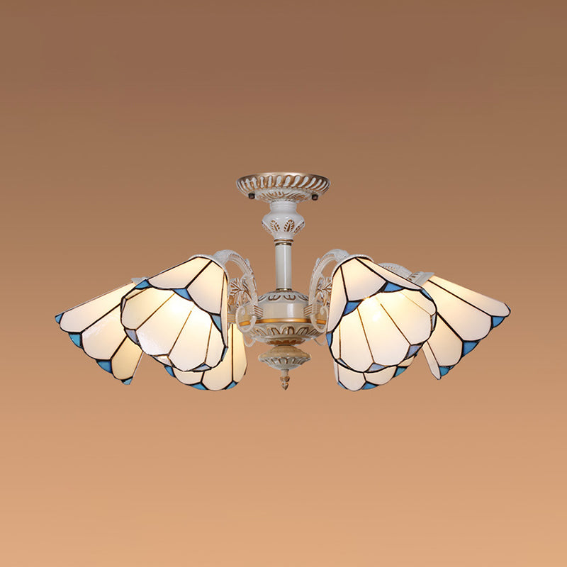 3/6/8 Lights Conical Chandelier Lamp White Glass Traditional Ceiling Light Fixture for Kitchen Clearhalo 'Ceiling Lights' 'Close To Ceiling Lights' 'Close to ceiling' 'Glass shade' 'Glass' 'Semi-flushmount' 'Tiffany close to ceiling' 'Tiffany' Lighting' 36737
